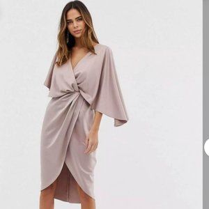 Satin Midi Dress with Tie Knot Front